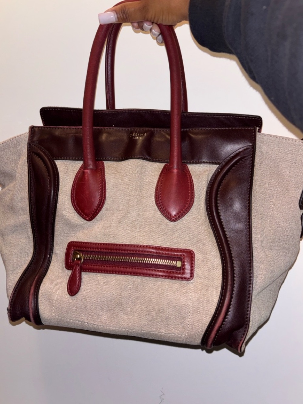 Celine Beige Canvas Tote with Burgundy and Dark Brown Leather Trim
